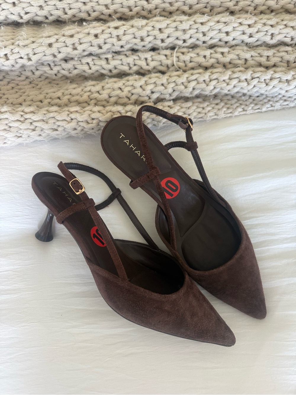 Tahari Dark Brown Suede Pointed Slingback Heels